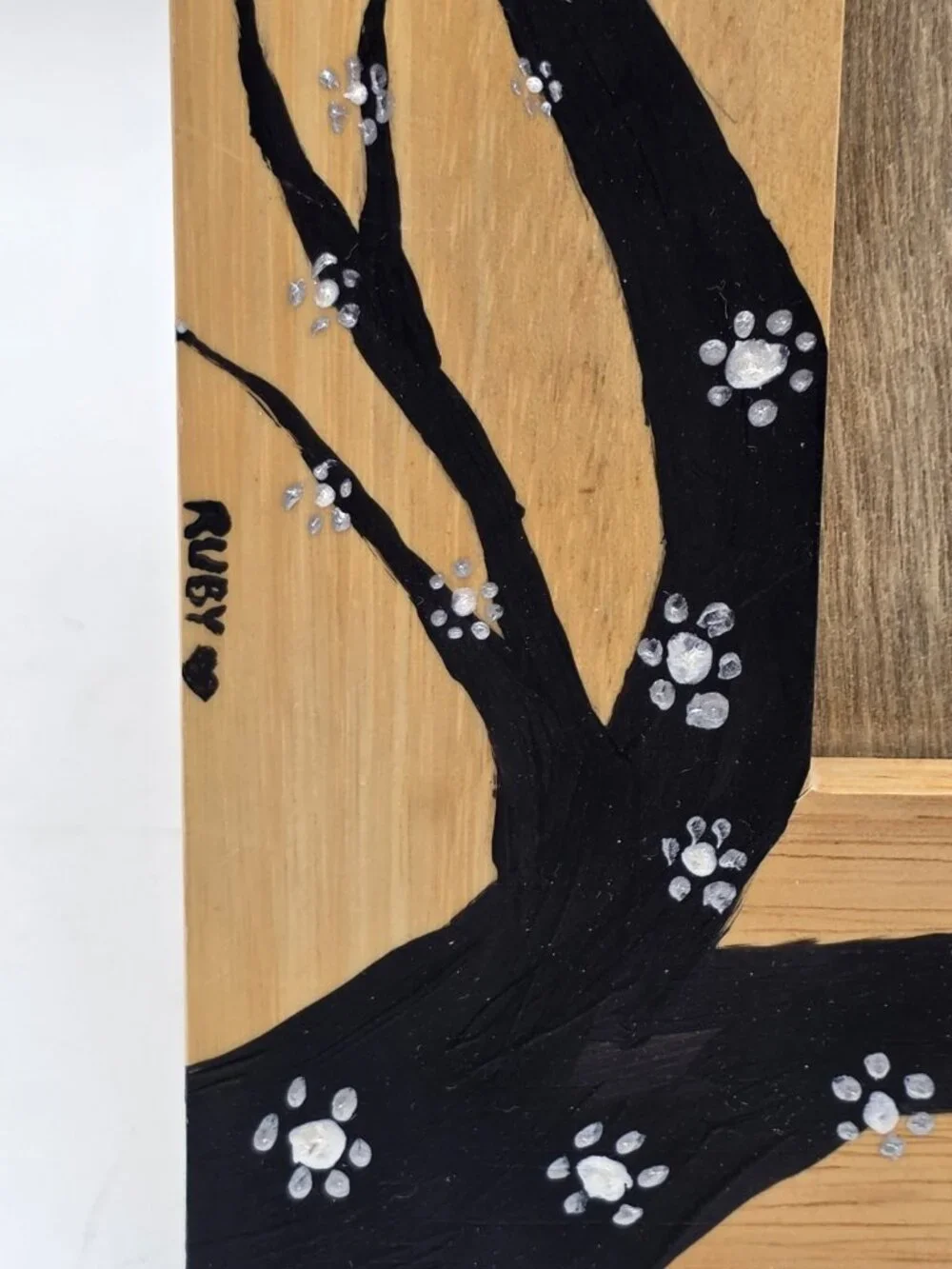 Pottery Barn Oak Picture Frame With Handpainted Black Flowering Tree Boho OOAK